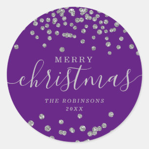 Sticker Rond Parties scintillant de Noël Silver Confetti Purple