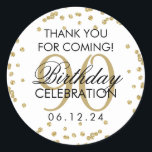 Sticker Rond Parties scintillant d'Merci Gold 90th Birthday<br><div class="desc">Elégant 90e anniversaire "Merci" Gold Faux Parties scintillant Confetti faveur tag modèle.</div>