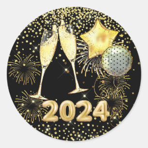 Sticker Rond Parties scintillant d'or 2023 du Nouvel An sur Noi