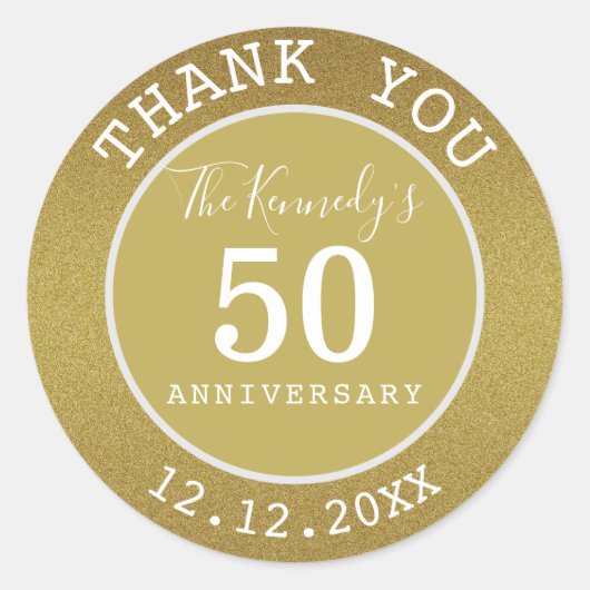 Sticker Rond Parties scintillant d'or 50e anniversaire Merci fa (Devant)