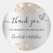 Sticker Rond Parties scintillant d'or argent coeur merci mariag (Devant)