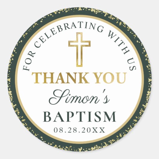 Sticker Rond Parties scintillant d'or Baptême vert foncé Merci (Devant)