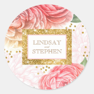 Sticker Rond Parties scintillant d'or Confetti et Fleurs roses 