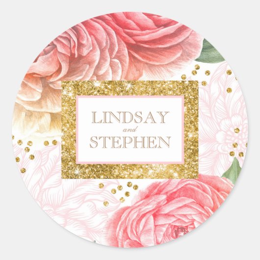 Sticker Rond Parties scintillant d'or Confetti et Fleurs roses (Devant)