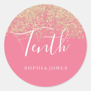 Sticker Rond Parties scintillant d'or Confetti rose 10e anniver