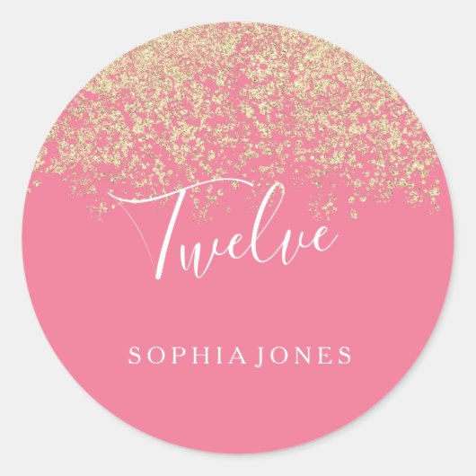 Sticker Rond Parties scintillant d'or Confetti rose 12e anniver (Devant)