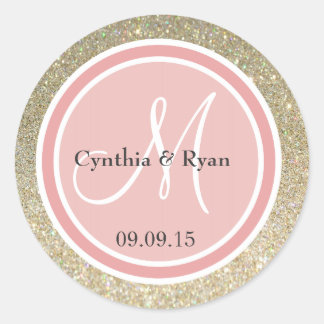Sticker Rond Parties scintillant d'or et Mariage rose corail