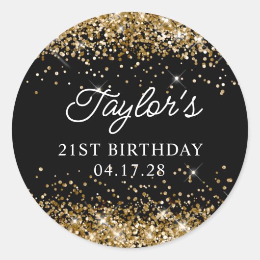 Sticker Rond Parties scintillant d'or et noir 21e anniversaire (Devant)