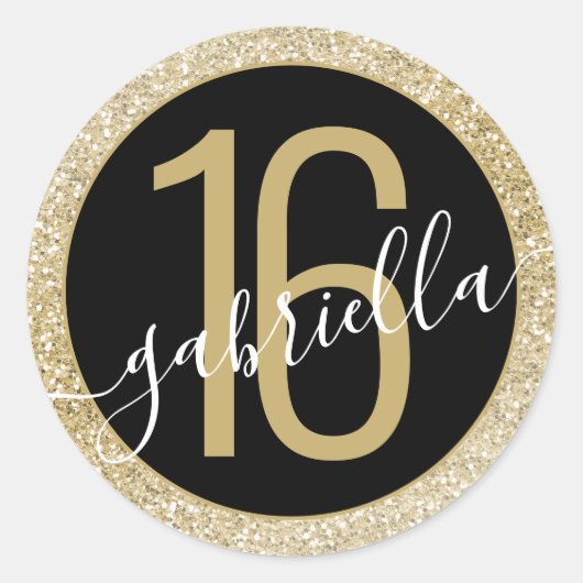 Sticker Rond Parties scintillant d'or et Noir Anniversaire pers (Devant)