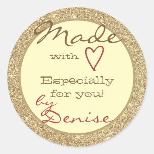 Sticker Rond Parties scintillant d'or faite avec amour Rouge Co