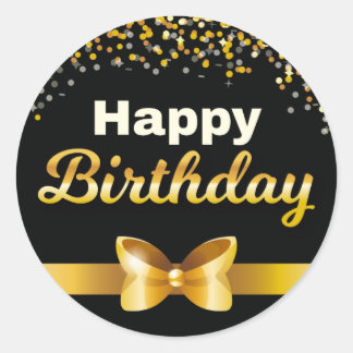 Sticker Rond Parties scintillant d'or Joyeux anniversaire noir