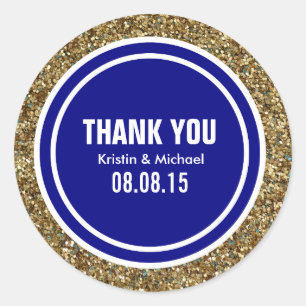 Sticker Rond Parties scintillant d'or Marine bleu Merci personn