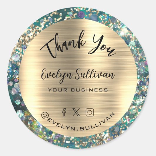 Sticker Rond Parties scintillant d'or Merci Opal Turquoise (Devant)