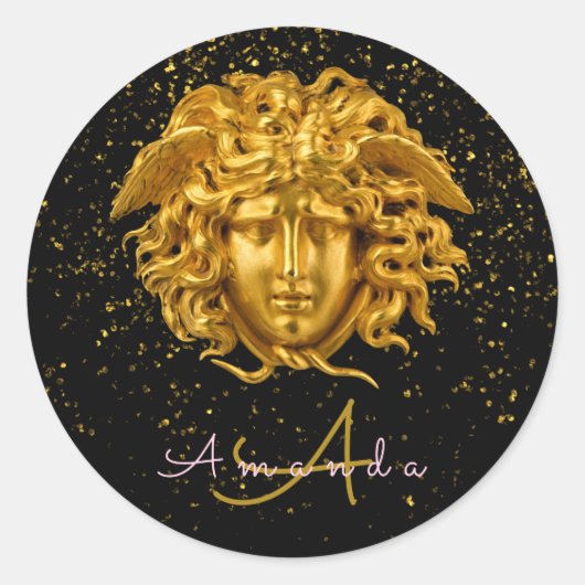 Sticker Rond Parties scintillant d'or noir Medusa Script Haute (Devant)