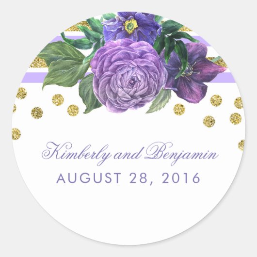 Sticker Rond Parties scintillant d'or rayures et fleurs violett (Devant)
