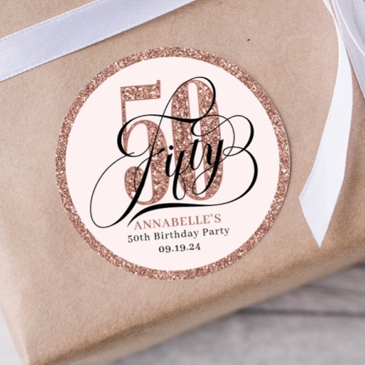 Sticker Rond Parties scintillant d'or rose 50e anniversaire Typ