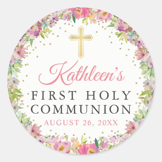 Sticker Rond Parties scintillant d'or Rose Floral Première Comm (Devant)