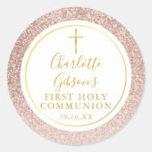 Sticker Rond Parties scintillant d'or rose Première communion s (Devant)