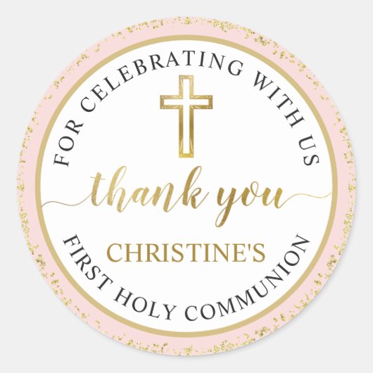 Sticker Rond Parties scintillant d'or rose première communion s (Devant)