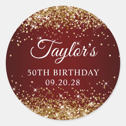 Sticker Rond Parties scintillant d'or rouge foncé 50e anniversa (Devant)