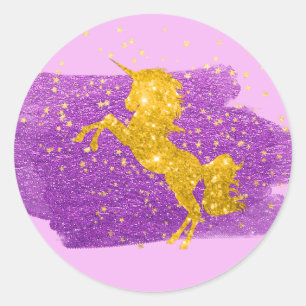 Sticker Rond Parties scintillant d'or Unicorne sur rose