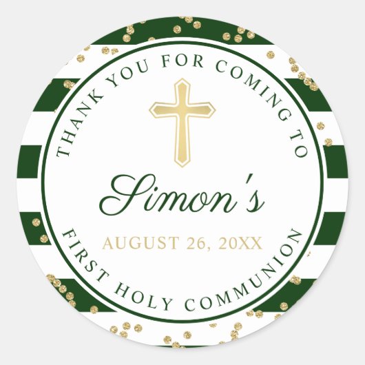 Sticker Rond Parties scintillant d'or Vert rayé Première Sainte (Devant)