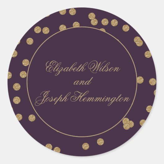 Sticker Rond Parties scintillant d'or violet Confetti Mariage é (Devant)