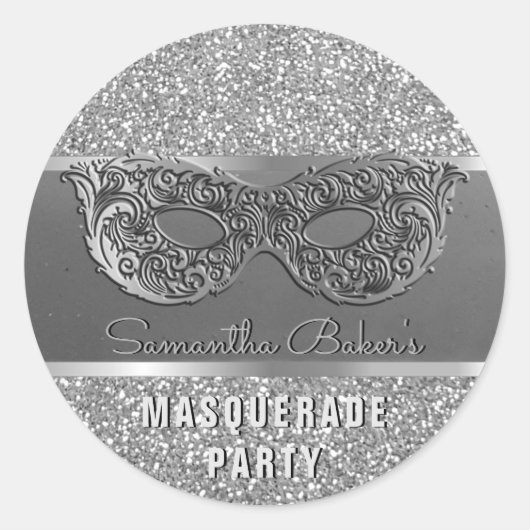 Sticker Rond Parties scintillant en argent Masquerade Party Gla (Devant)