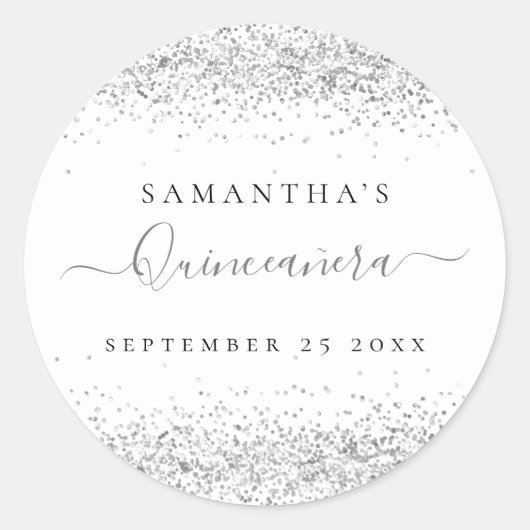 Sticker Rond Parties scintillant en argent Quinceañera Nom Date (Devant)