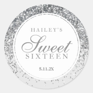 Sticker Rond Parties scintillant en argent Sweet sixteen
