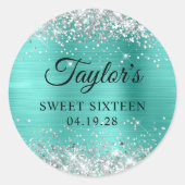 Sticker Rond Parties scintillant en argent Turquoise Sweet sixt (Devant)