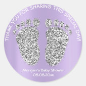 Sticker Rond Parties scintillant en argent violet pieds Baby sh (Devant)