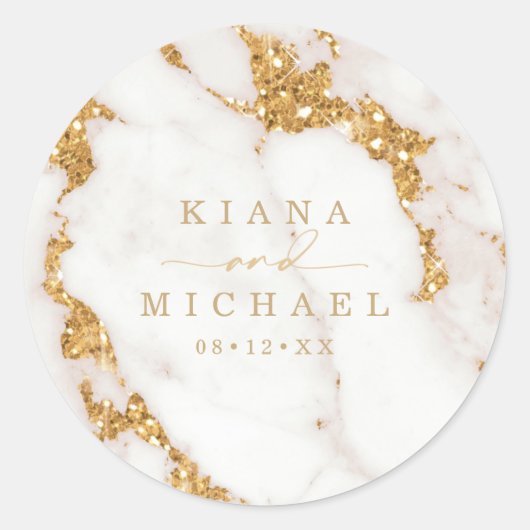 Sticker Rond Parties scintillant en marbre moderne Mariage Gold (Devant)