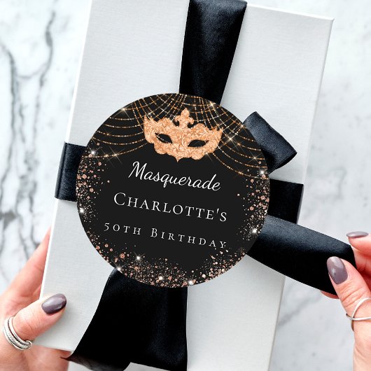 Sticker Rond Parties scintillant en or noir mascarade fête d'an