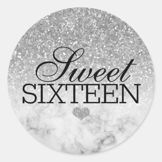 Sticker Rond Parties scintillant Faux Argent/Marbre Sweet 16 (Devant)