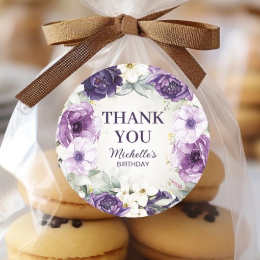 Sticker Rond Parties scintillant florale blanc pourpre Merci d'