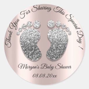 Sticker Rond Parties scintillant gris argent pieds Baby shower 