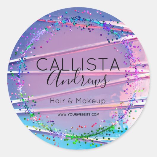 Sticker Rond Parties scintillant Holographe bleu violet Zigzag (Devant)