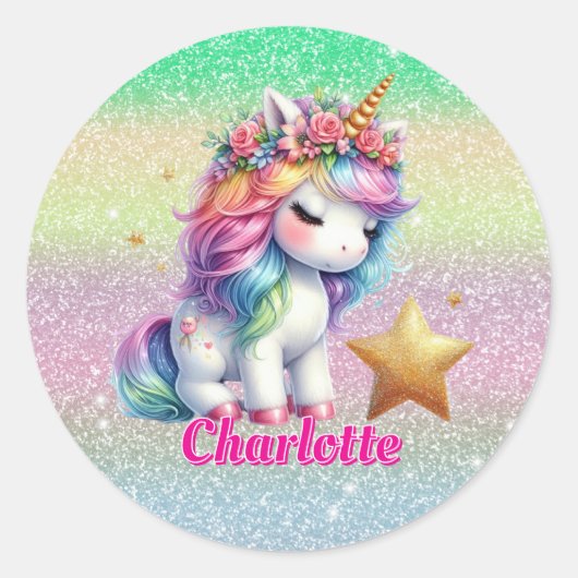 Sticker Rond Parties scintillant licorne étoile magique (Devant)