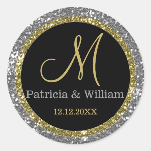 Sticker Rond Parties scintillant Mariage or Monogrammes sceaux (Devant)