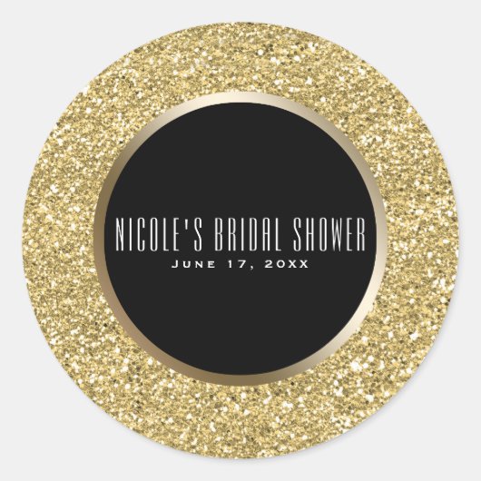 Sticker Rond Parties scintillant Noir & Or Glam Élégant mariage (Devant)