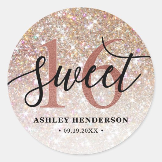 Sticker Rond Parties scintillant Ombre Sweet 16 Anniversaire (Devant)