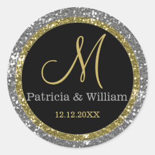 Sticker Rond Parties scintillant Or Argent Mariage Monogrammes 