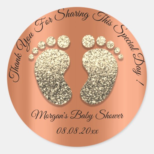 Sticker Rond Parties scintillant or corail pieds Baby shower Fa (Devant)