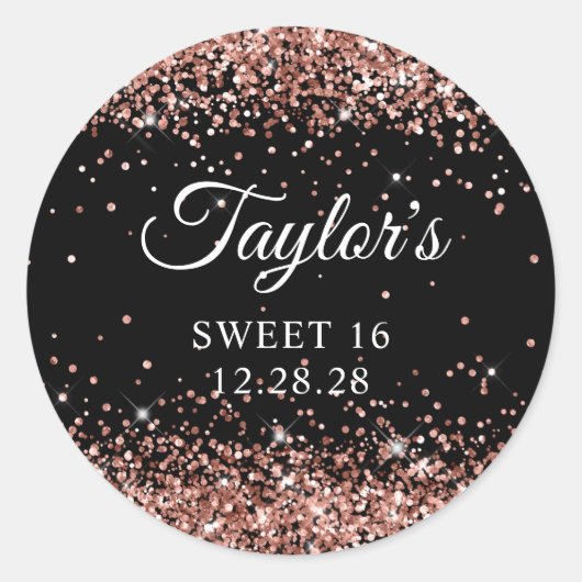 Sticker Rond Parties scintillant or rose Black Sweet 16 (Devant)