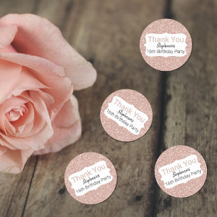 Sticker Rond Parties scintillant or rose Merci d'anniversaire