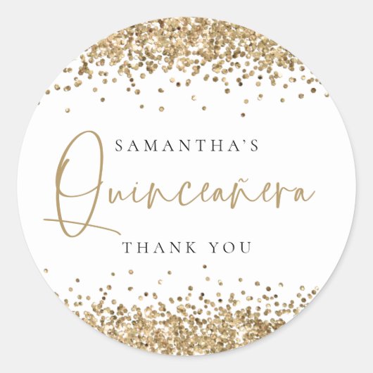 Sticker Rond Parties scintillant Or tendance Nom Quinceañera Me (Devant)