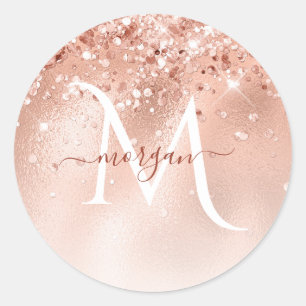 Sticker Rond Parties scintillant Peach Rose or Monogramme