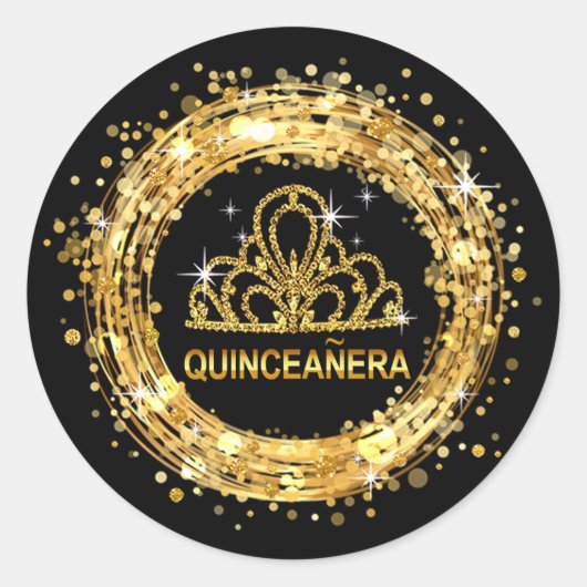 Sticker Rond Parties scintillant Quinceanera Noir et Or Tiara (Devant)