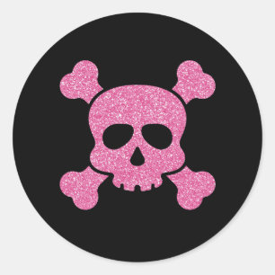 Sticker Rond Parties scintillant rose crâne et os croisés sur n